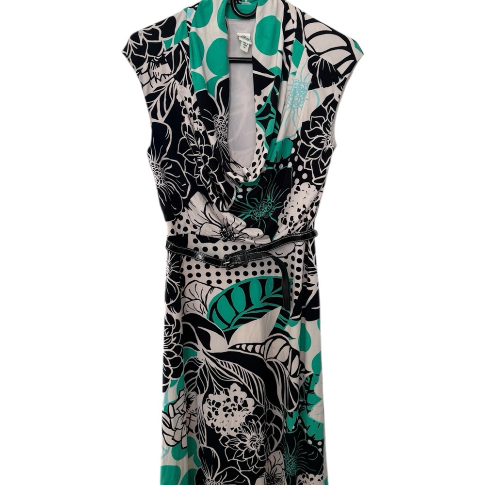 Signature by Sangria Green, Black & Cream Floral Print Dress